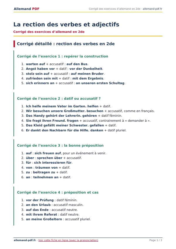 Corrigé « La rection des verbes et adjectifs » en PDF
