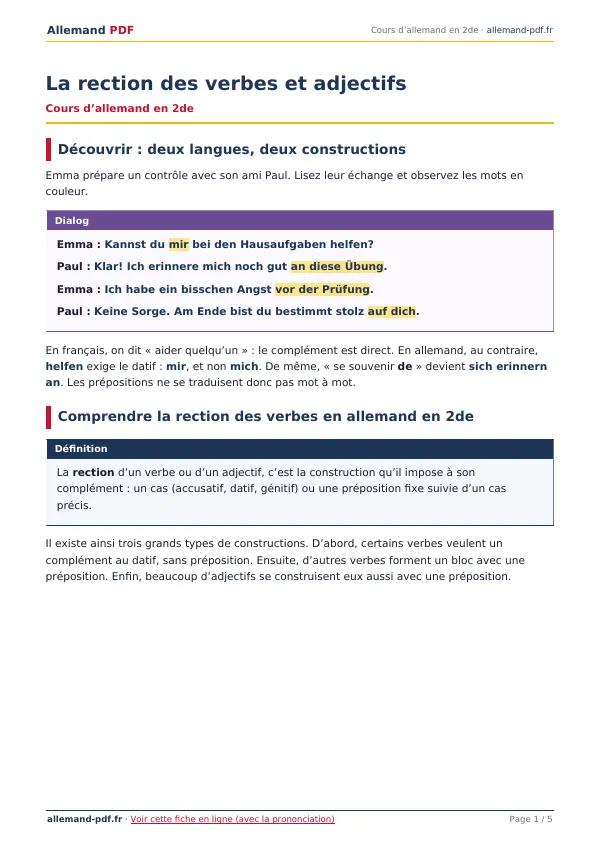 Cours « La rection des verbes et adjectifs » en PDF