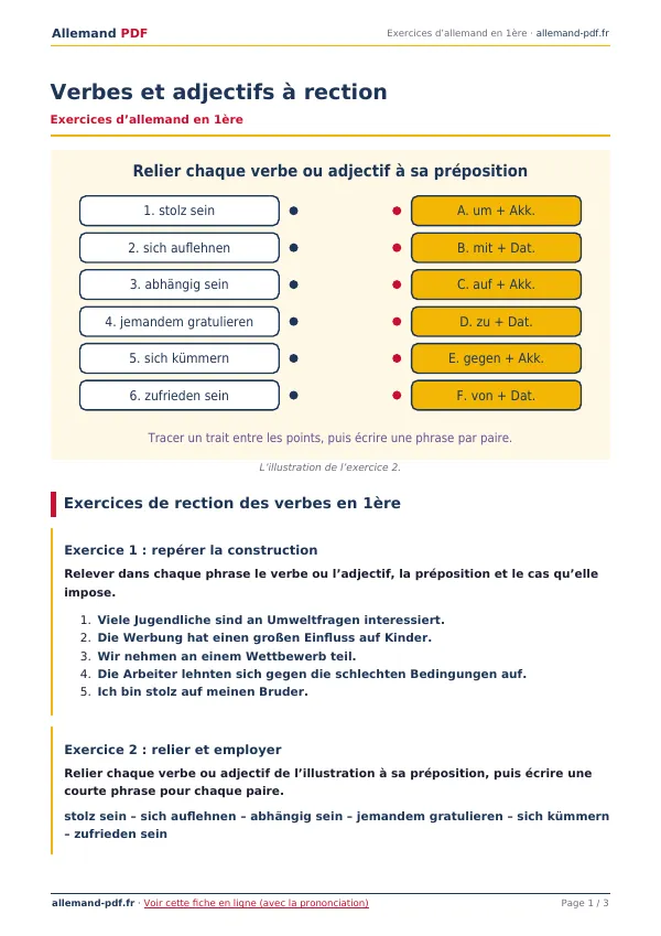 Exercices « Verbes et adjectifs à rection » en PDF