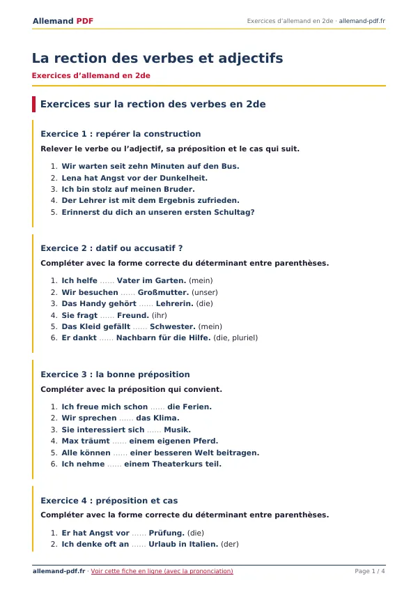 Exercices « La rection des verbes et adjectifs » en PDF
