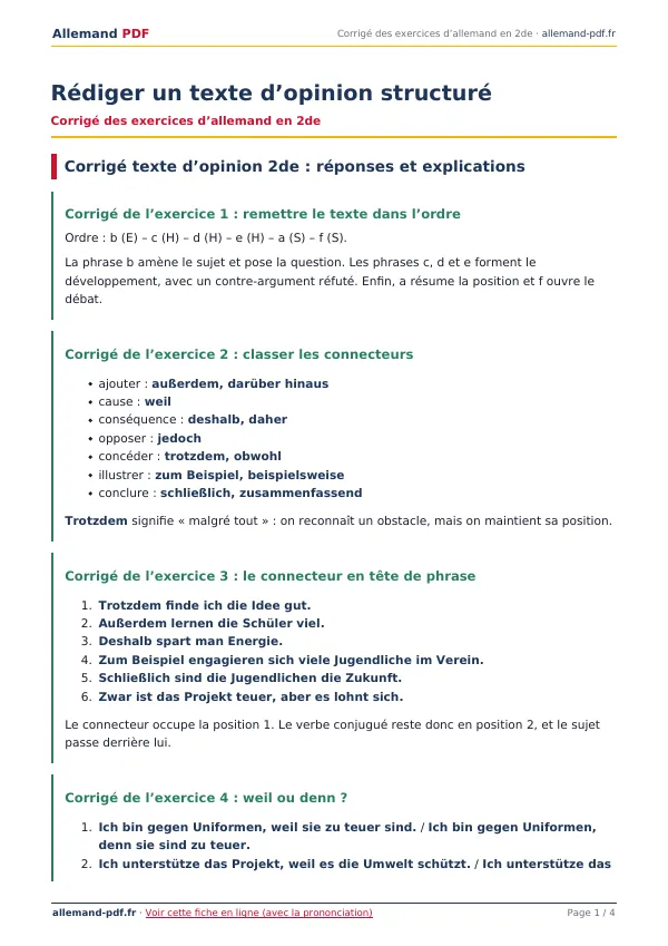 Corrigé « Rédiger un texte d’opinion structuré » en PDF