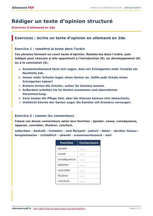 Exercices « Rédiger un texte d’opinion structuré » en PDF