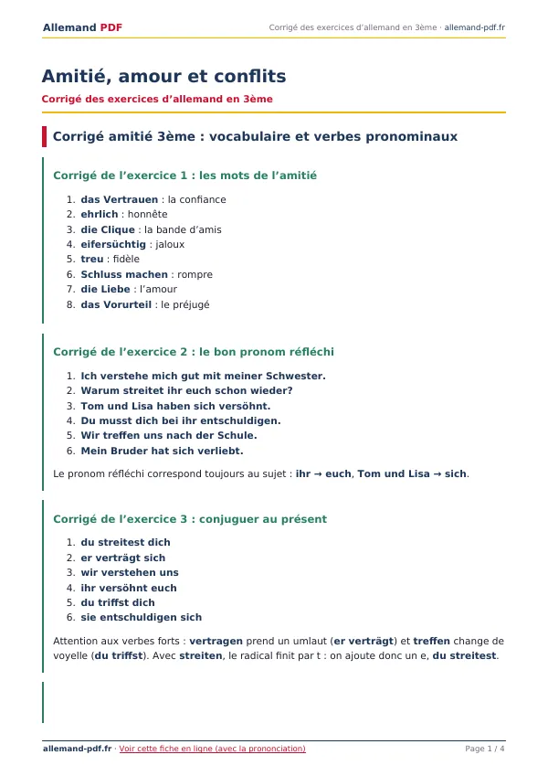 Corrigé « Amitié, amour et conflits » en PDF