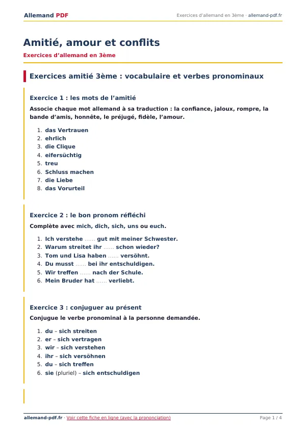 Exercices « Amitié, amour et conflits » en PDF