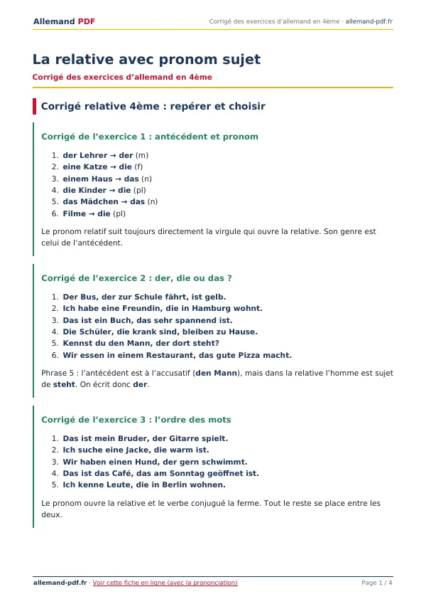 Corrigé « La relative avec pronom sujet » en PDF