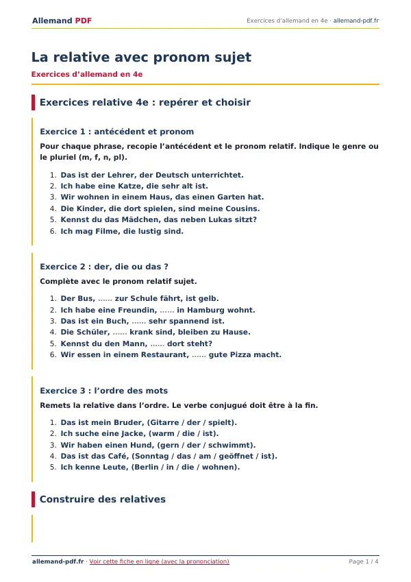 Exercices « La relative avec pronom sujet » en PDF