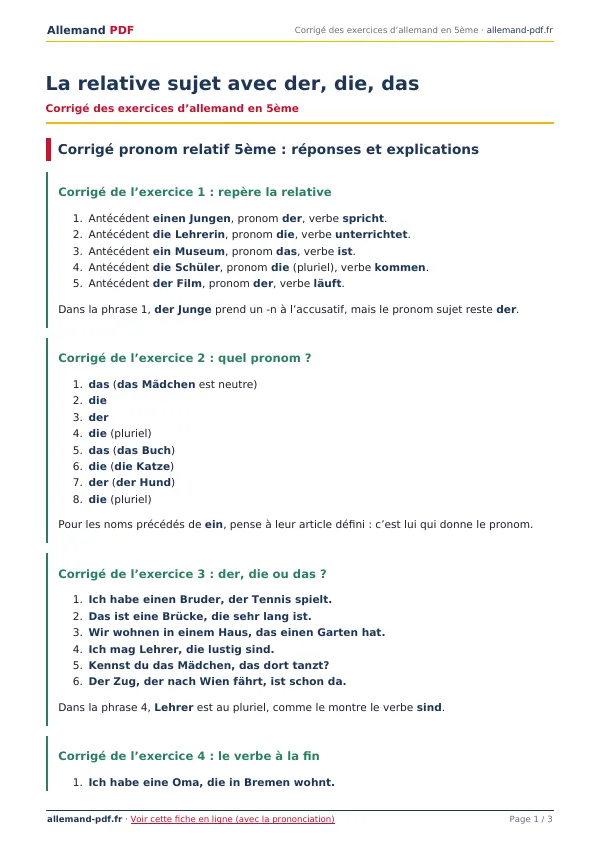 Corrigé « La relative sujet avec der, die, das » en PDF