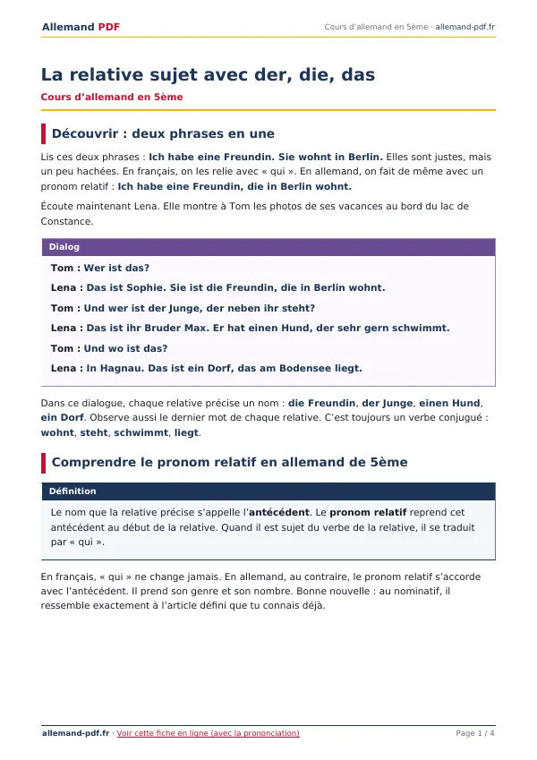 Cours « La relative sujet avec der, die, das » en PDF