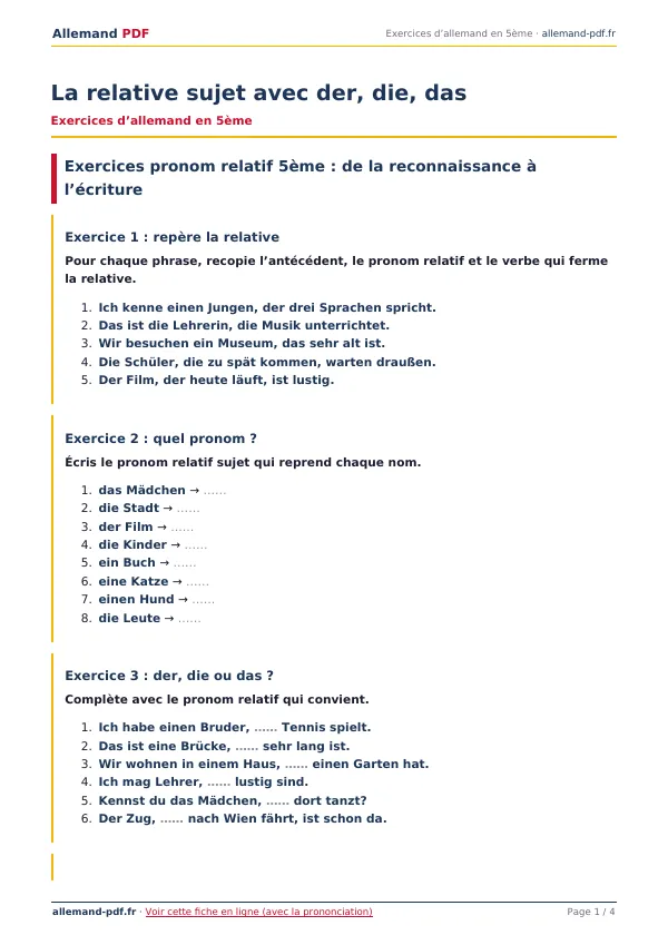 Exercices « La relative sujet avec der, die, das » en PDF