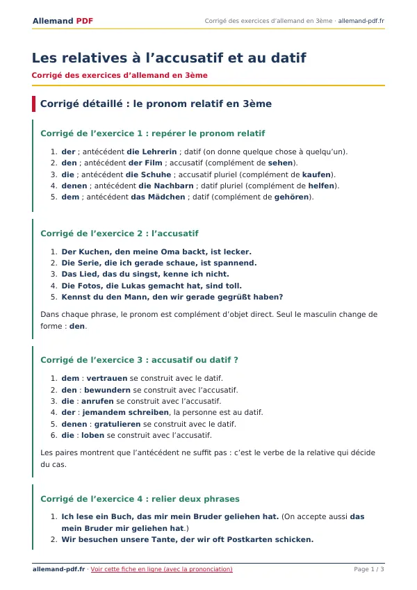 Corrigé « Les relatives à l’accusatif et au datif » en PDF