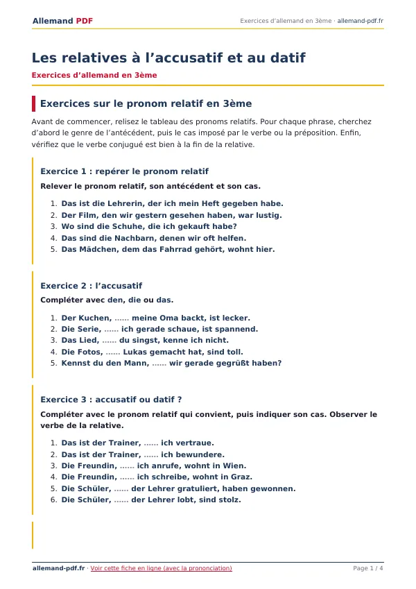 Exercices « Les relatives à l’accusatif et au datif » en PDF
