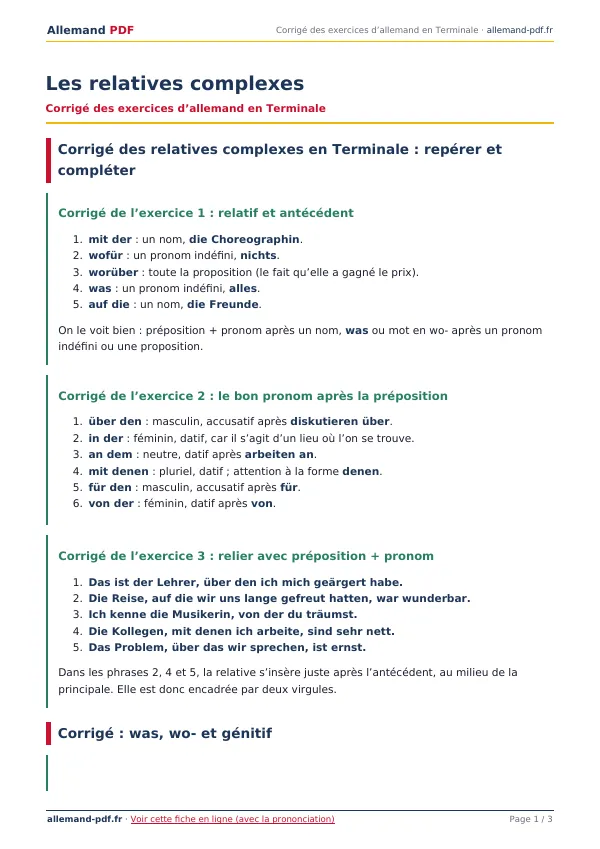 Corrigé « Les relatives complexes » en PDF