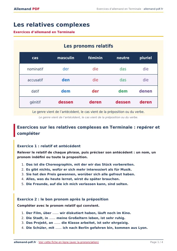 Exercices « Les relatives complexes » en PDF