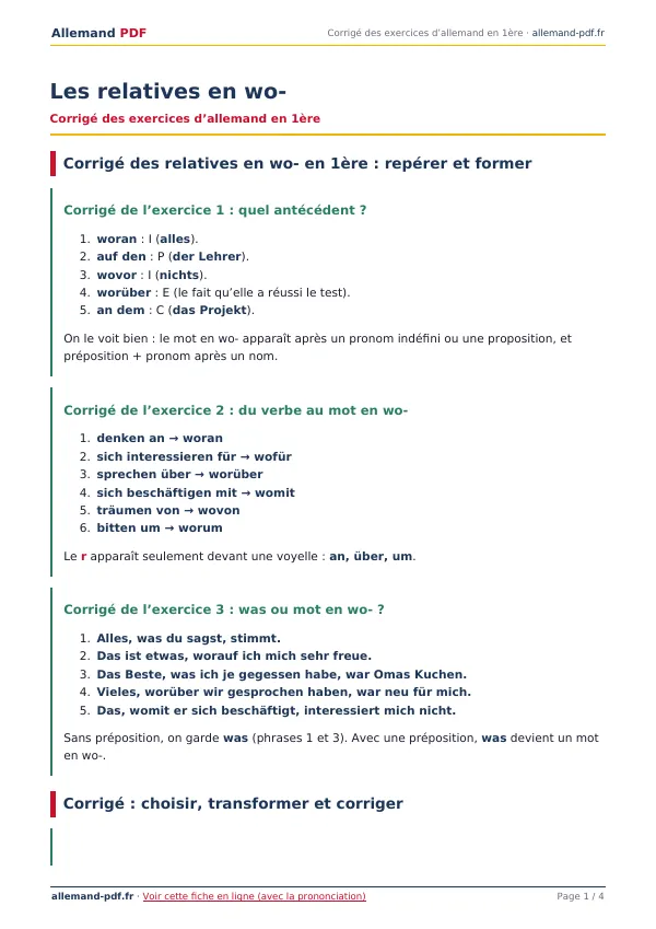 Corrigé « Les relatives en wo- » en PDF