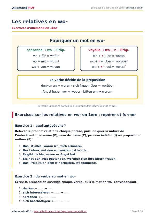 Exercices « Les relatives en wo- » en PDF