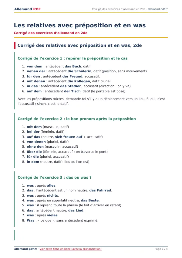 Corrigé « Les relatives avec préposition et en was » en PDF
