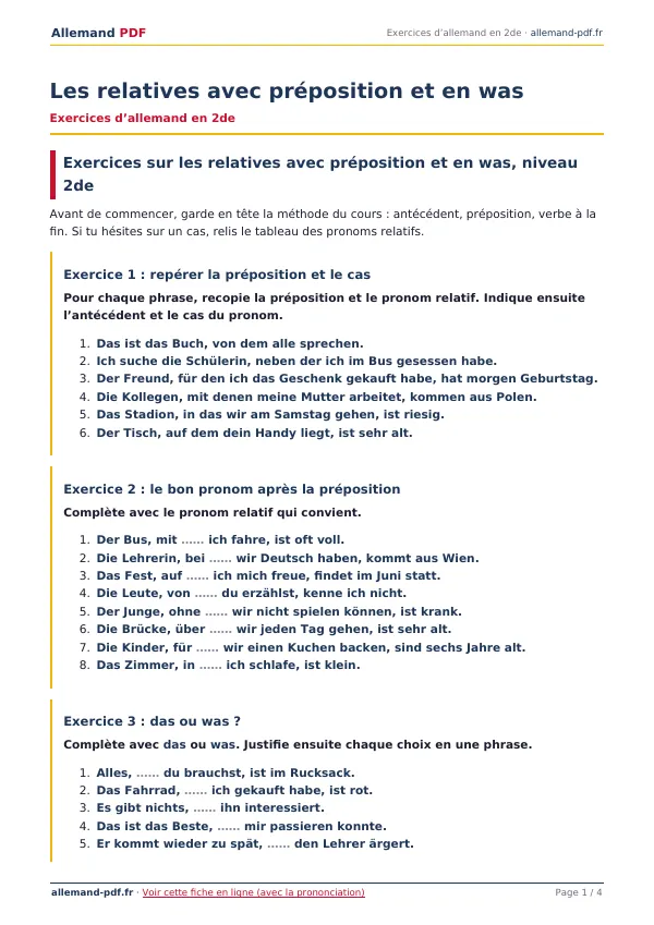 Exercices « Les relatives avec préposition et en was » en PDF