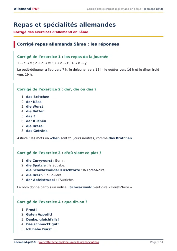 Corrigé « Repas et spécialités allemandes » en PDF