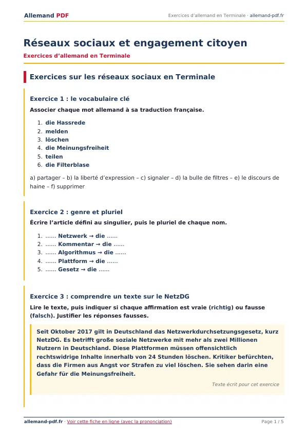 Exercices « Réseaux sociaux et engagement citoyen » en PDF