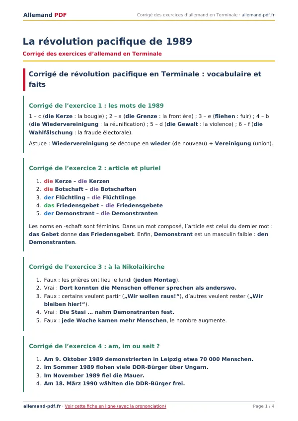 Corrigé « La révolution pacifique de 1989 » en PDF