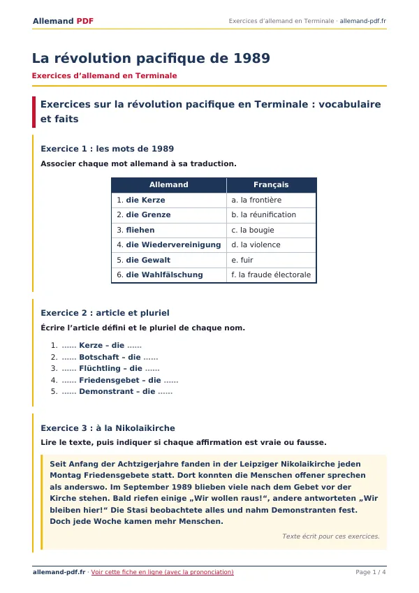 Exercices « La révolution pacifique de 1989 » en PDF