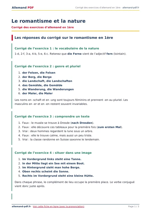 Corrigé « Le romantisme et la nature » en PDF