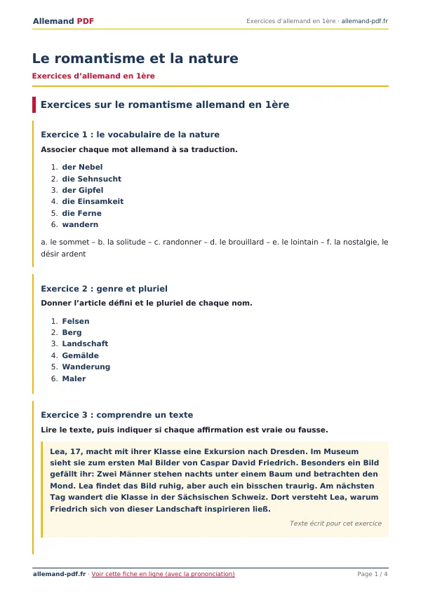Exercices « Le romantisme et la nature » en PDF