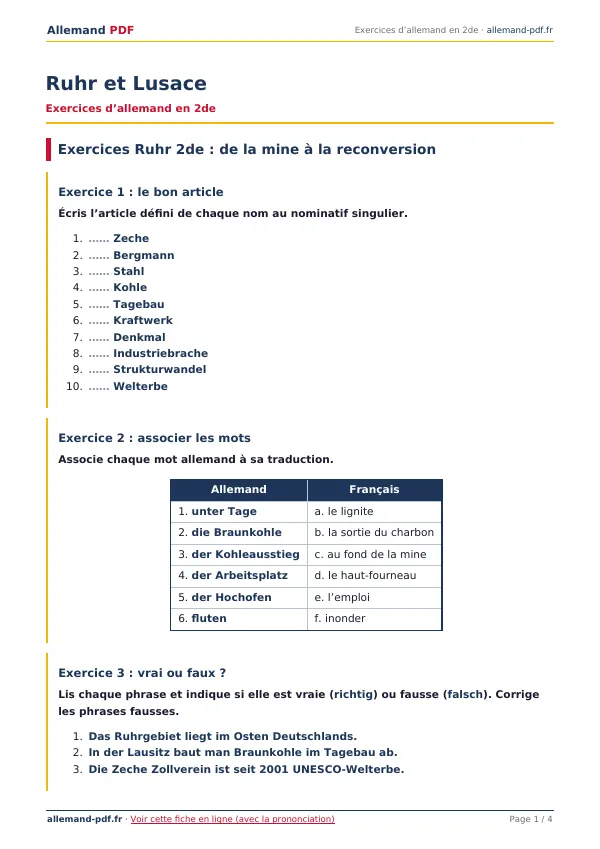 Exercices « Ruhr et Lusace » en PDF