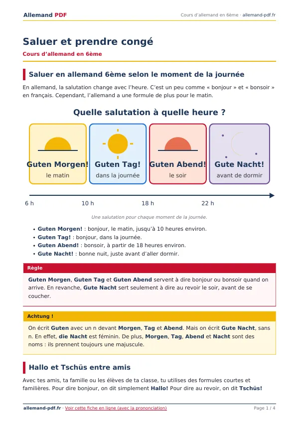 Cours « Saluer et prendre congé » en PDF