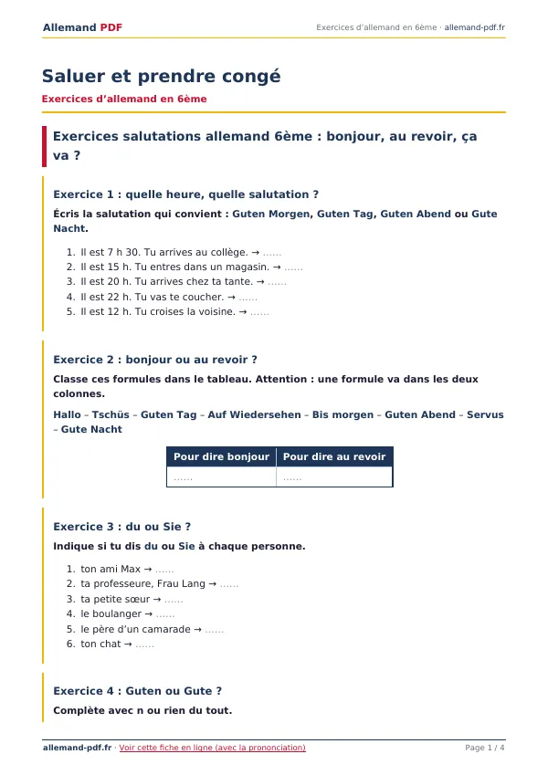 Exercices « Saluer et prendre congé » en PDF