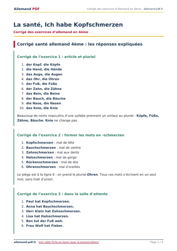 Corrigé « La santé, Ich habe Kopfschmerzen » en PDF