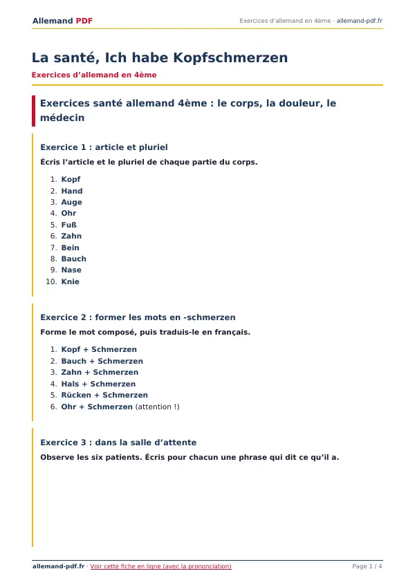 Exercices « La santé, Ich habe Kopfschmerzen » en PDF