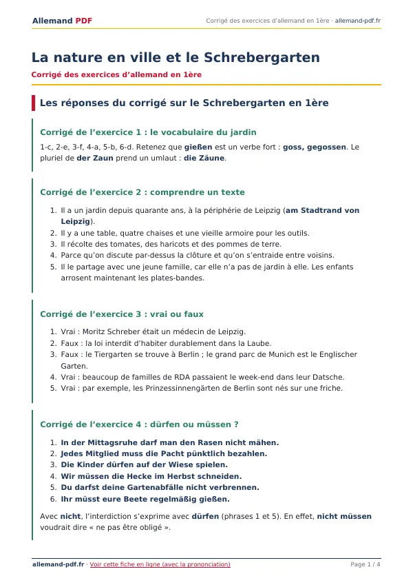Corrigé « La nature en ville et le Schrebergarten » en PDF