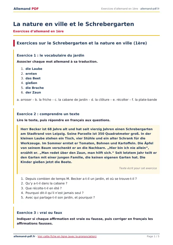 Exercices « La nature en ville et le Schrebergarten » en PDF