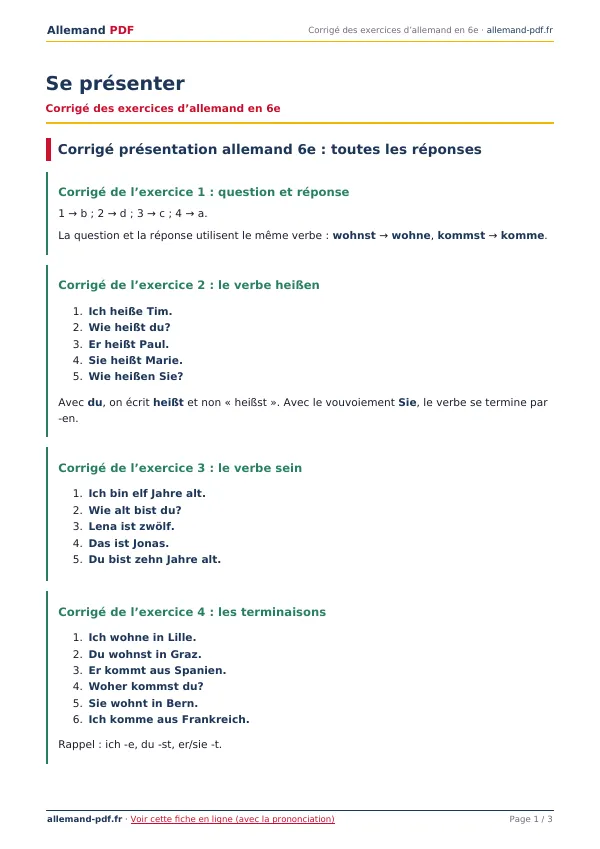 Corrigé « Se présenter » en PDF