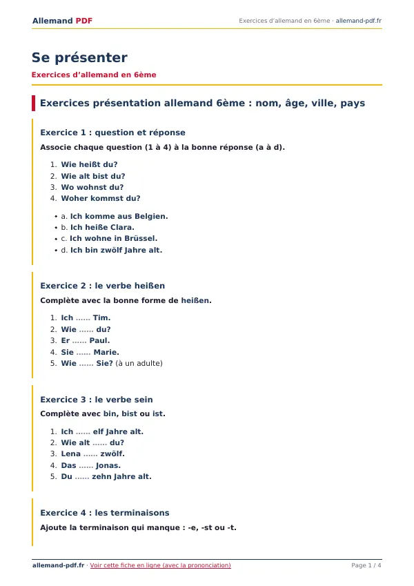 Exercices « Se présenter » en PDF