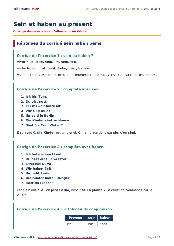 Corrigé « Sein et haben au présent » en PDF