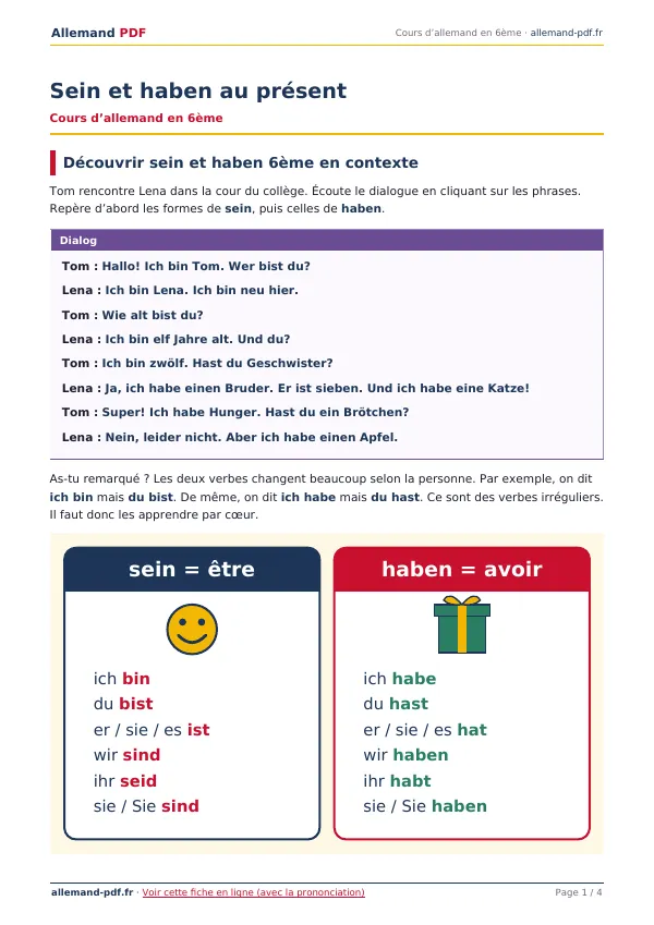 Cours « Sein et haben au présent » en PDF