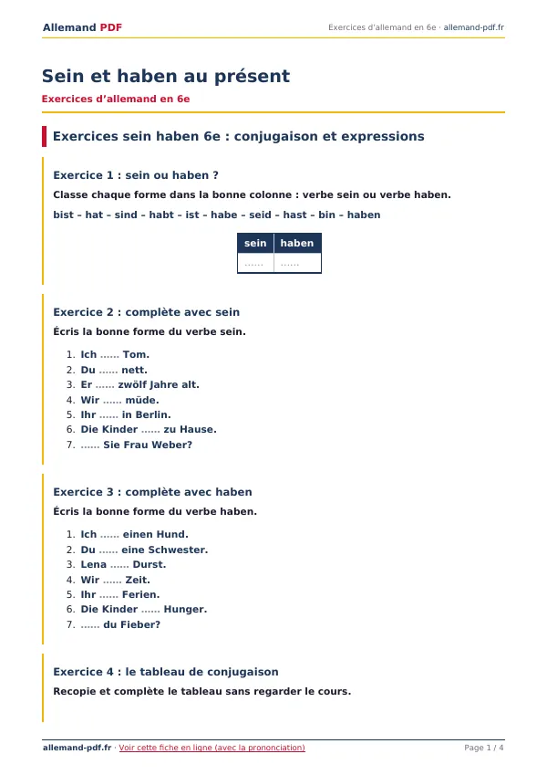 Exercices « Sein et haben au présent » en PDF