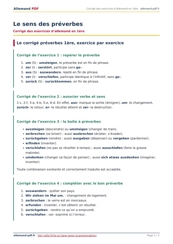 Corrigé « Le sens des préverbes » en PDF