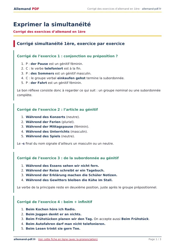 Corrigé « Exprimer la simultanéité » en PDF