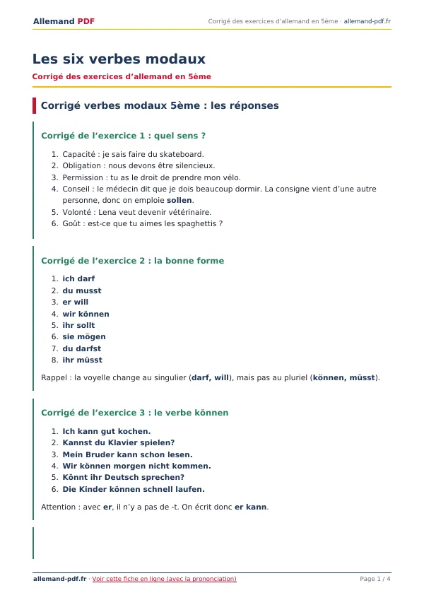 Corrigé « Les six verbes modaux » en PDF