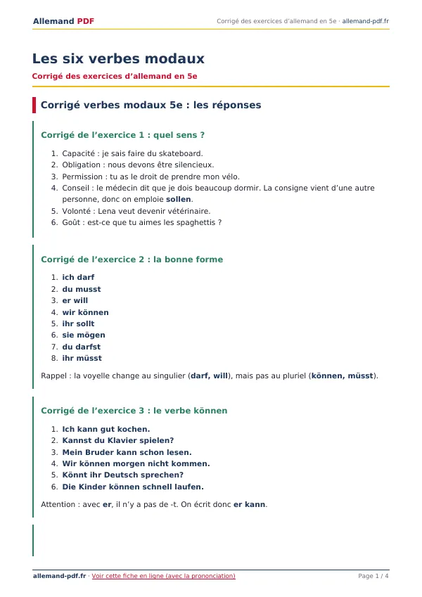Corrigé « Les six verbes modaux » en PDF