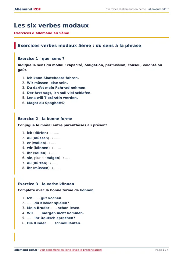 Exercices « Les six verbes modaux » en PDF