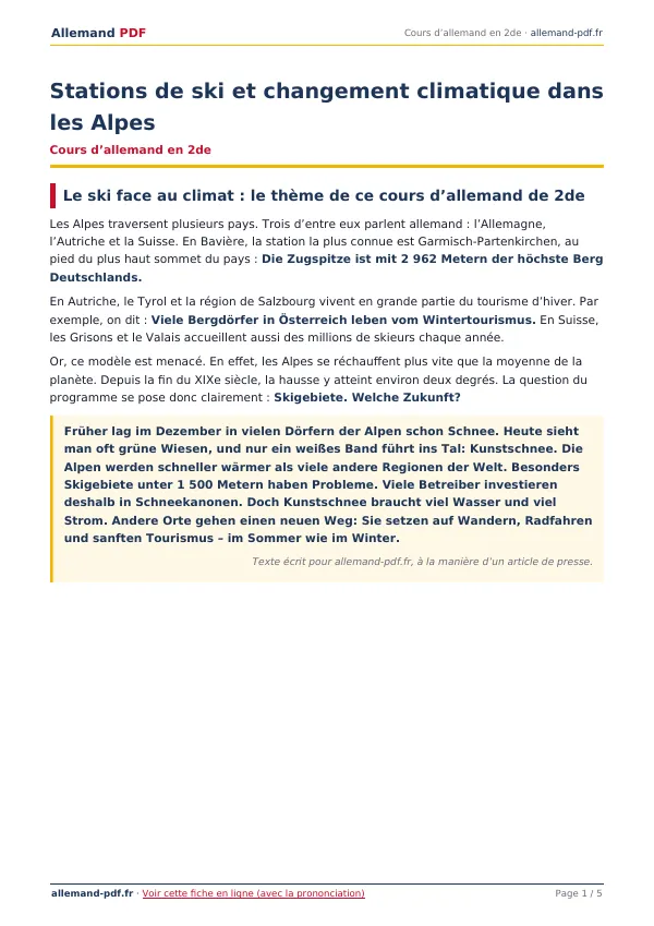 Cours « Stations de ski et changement climatique dans les Alpes » en PDF