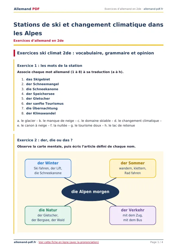Exercices « Stations de ski et changement climatique dans les Alpes » en PDF