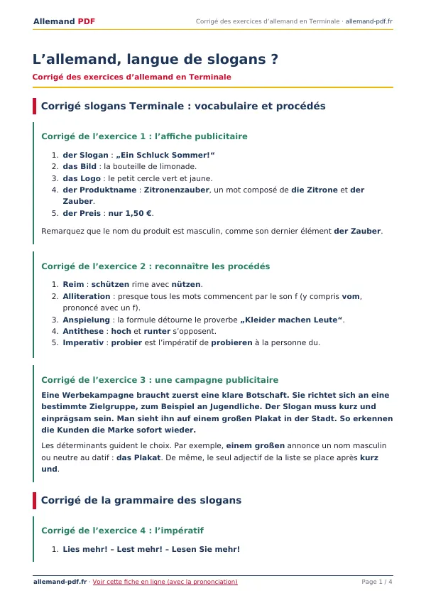 Corrigé « L’allemand, langue de slogans ? » en PDF