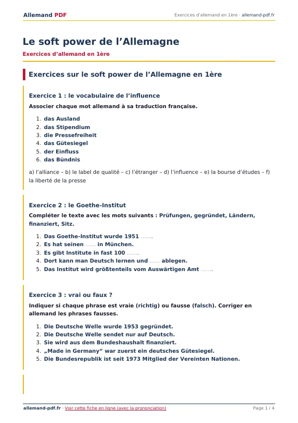 Exercices « Le soft power de l’Allemagne » en PDF