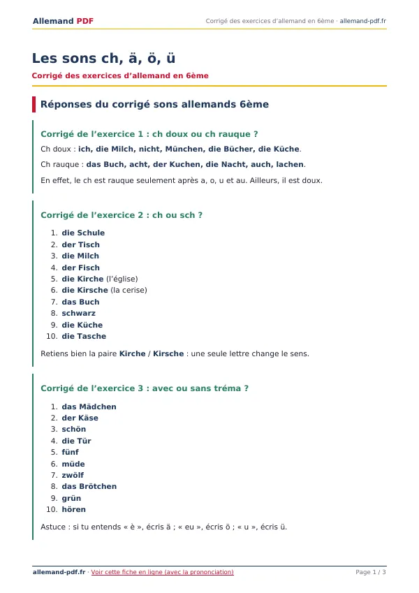 Corrigé « Les sons ch, ä, ö, ü » en PDF