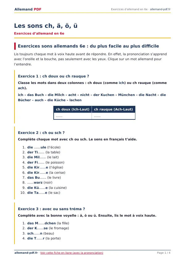 Exercices « Les sons ch, ä, ö, ü » en PDF